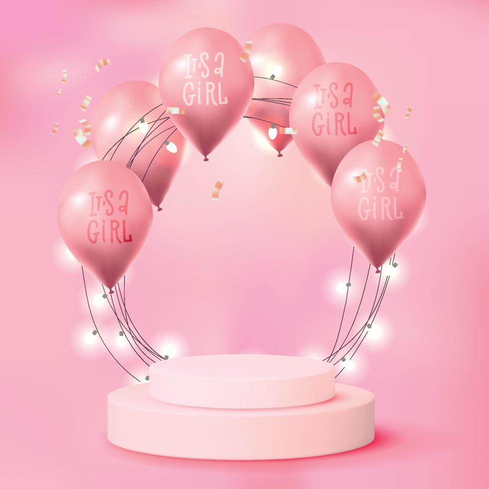 het is een meisje 3D-ruimte. lege roze kamer met roze podium, gloeiende bedrade lichtboog, ballonnen. scene mockup voor reclame, promotionele verkoop, cosmetica-advertenties. minimaal concept met vectorillustratie. vector