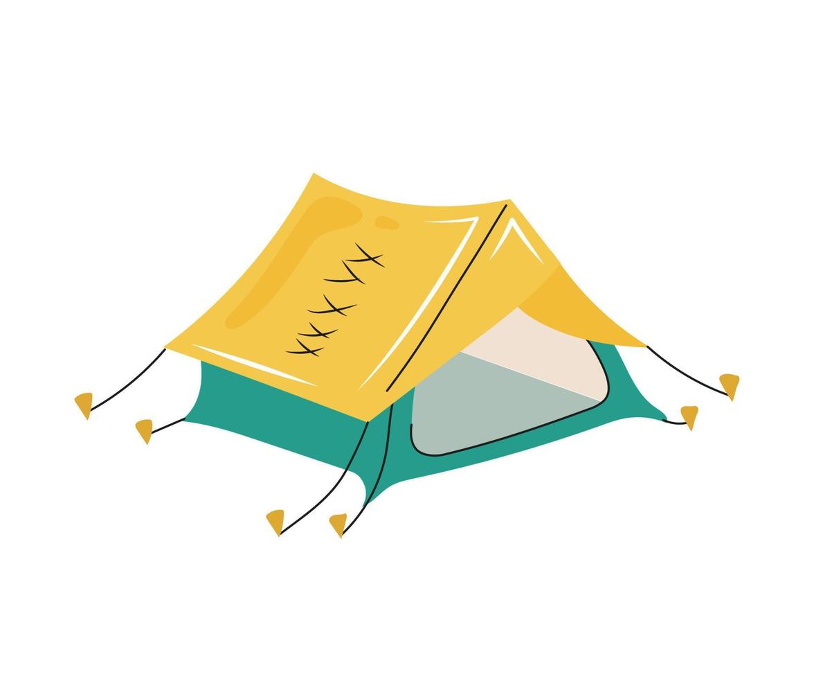 cartoon handgetekende toeristische tent. uitrusting voor kamperen, wandelen, trekking. toeristische item geïsoleerd op een witte achtergrond. platte vectorillustratie. vector