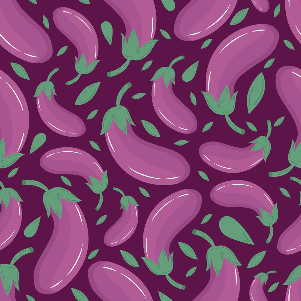 cartoon aubergine naadloze patroon. handgetekende groente met bladeren. biologisch voedsel, gezond eten. platte vectorillustratie. vector