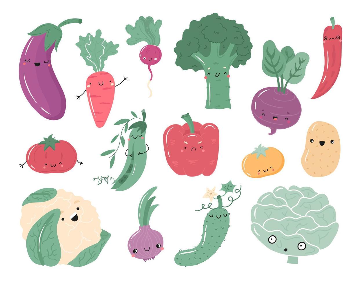 cartoon hand getekende groenten met grappige gezichten vector set. grappige groenten tekens geïsoleerd op een witte achtergrond. biologisch voedsel, concept van gezond eten. platte vectorillustratie.