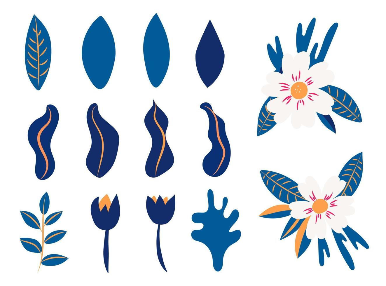 collectie van bloemen en bladeren van bloemen. vector blauwe en witte bloemen. lentekunstposter met posters van botanische elementen voor de voorjaarsvakantie. pictogrammen gemarkeerd op een witte achtergrond