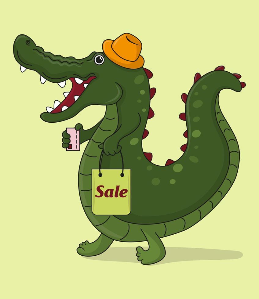 cartoon krokodil met creditcard en winkelen in de uitverkoop. vector illustratie