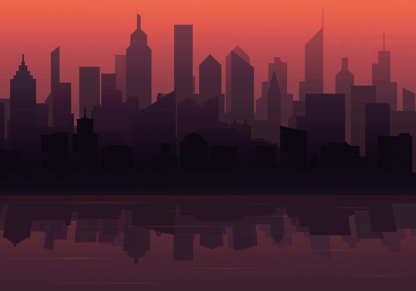 het silhouet van een grote stad met een prachtige zonsondergang. de stad weerspiegelt in het water. stedelijk landschap.vectorillustratie vector