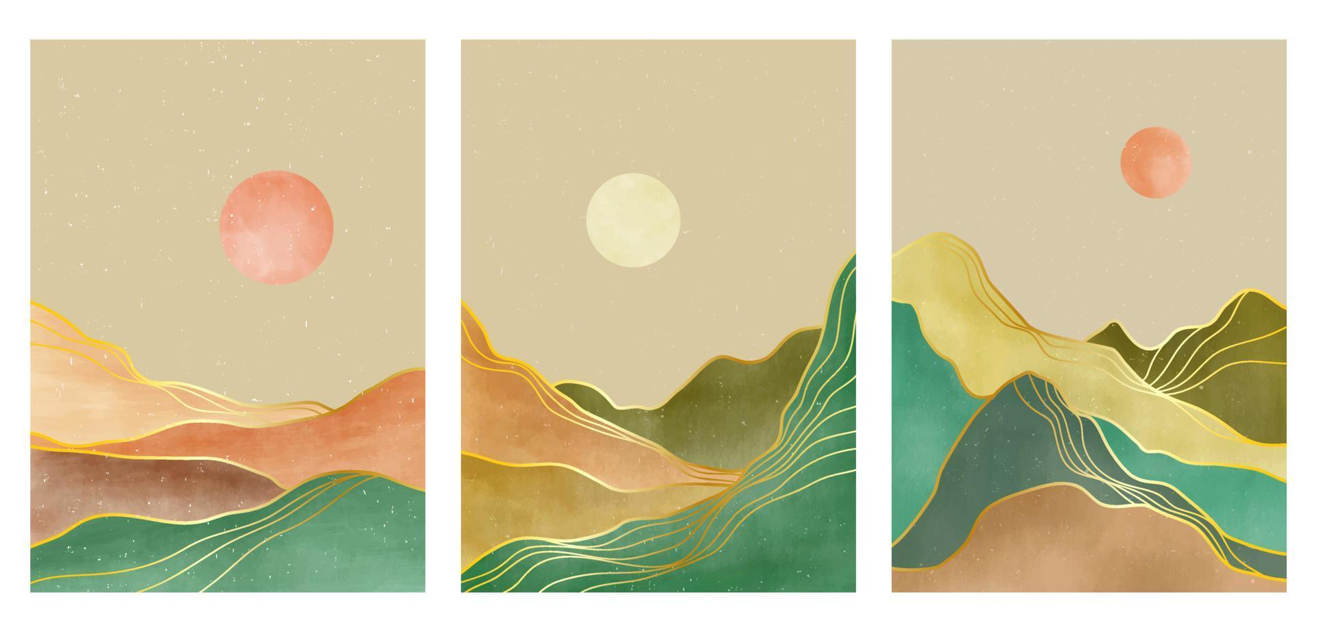 berg print set van 3. creatieve minimalistische handgeschilderde illustraties van halverwege de eeuw moderne landschapskunst aan de muur. vector illustratie