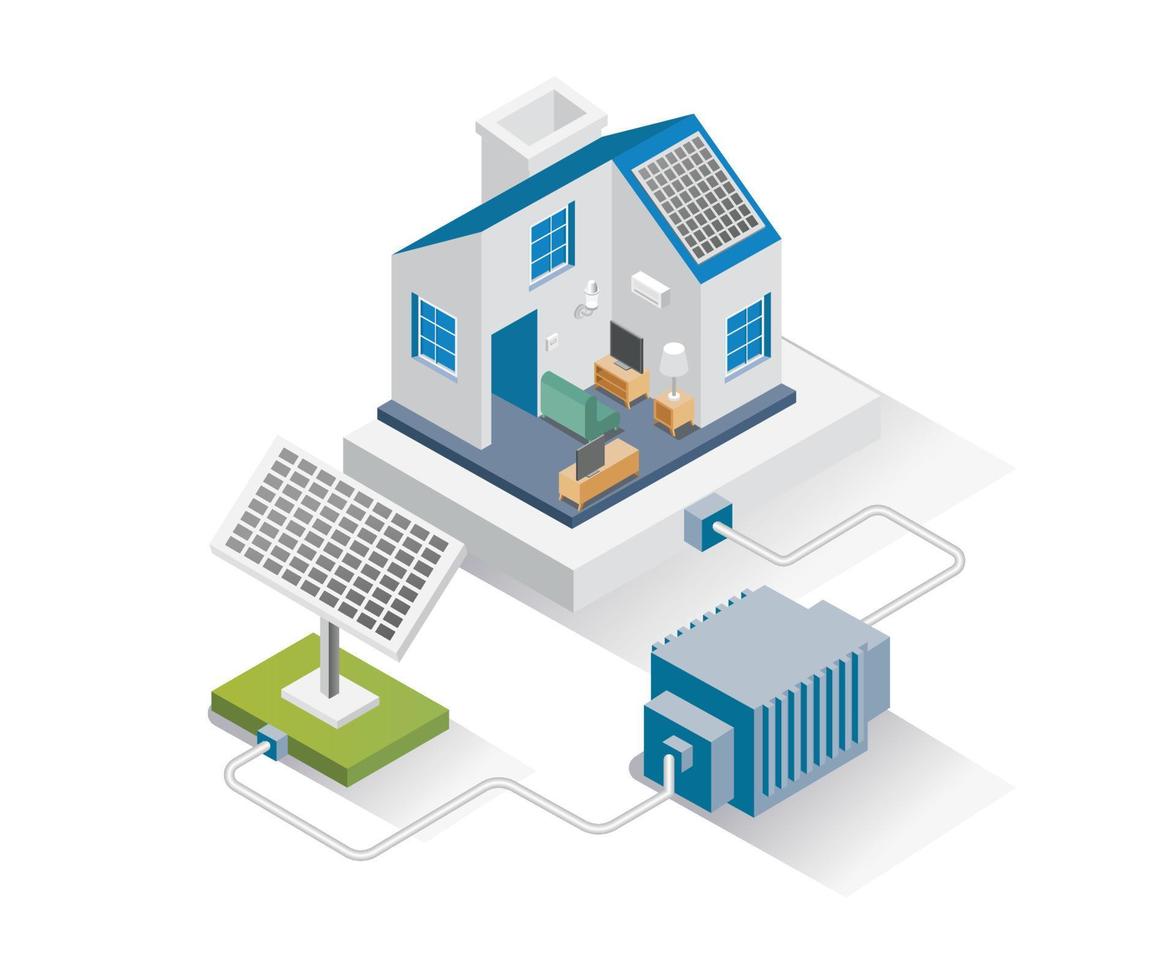 isometrische ontwerp concept illustratie. huis met zonnepanelen voor opslag van zonne-energie vector