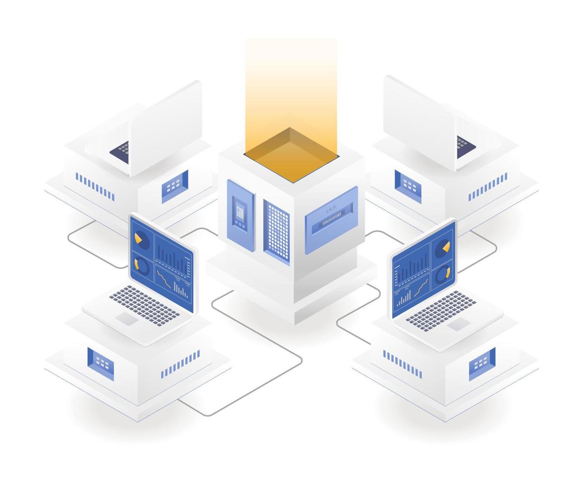 plat isometrische illustratie concept. computernetwerk met serveranalyse vector