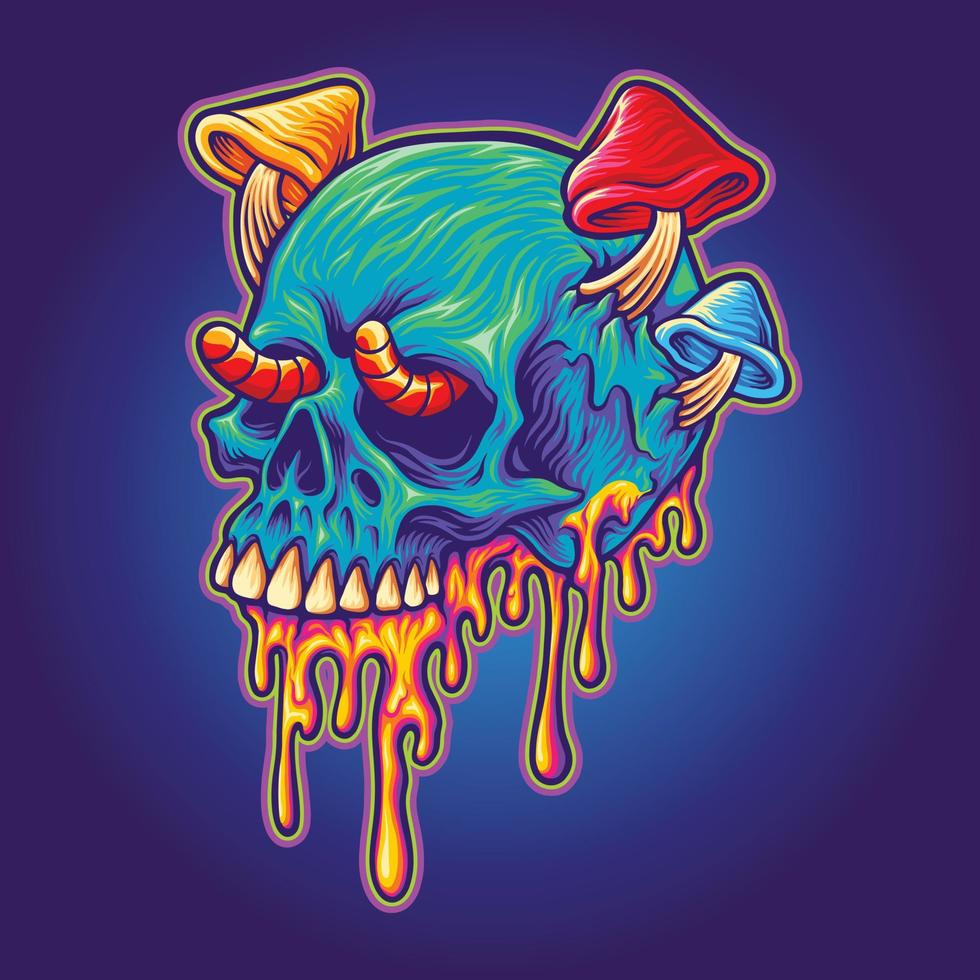 psychedelische schedelpaddestoelen gesmolten kleurrijke vectorillustraties voor uw werk logo, mascotte merchandise t-shirt, stickers en labelontwerpen, poster, wenskaarten reclame bedrijf vector