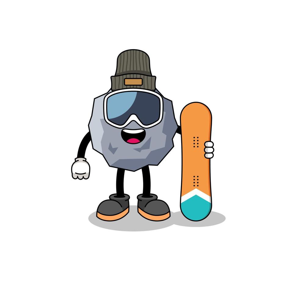 mascotte cartoon van steen snowboard speler vector