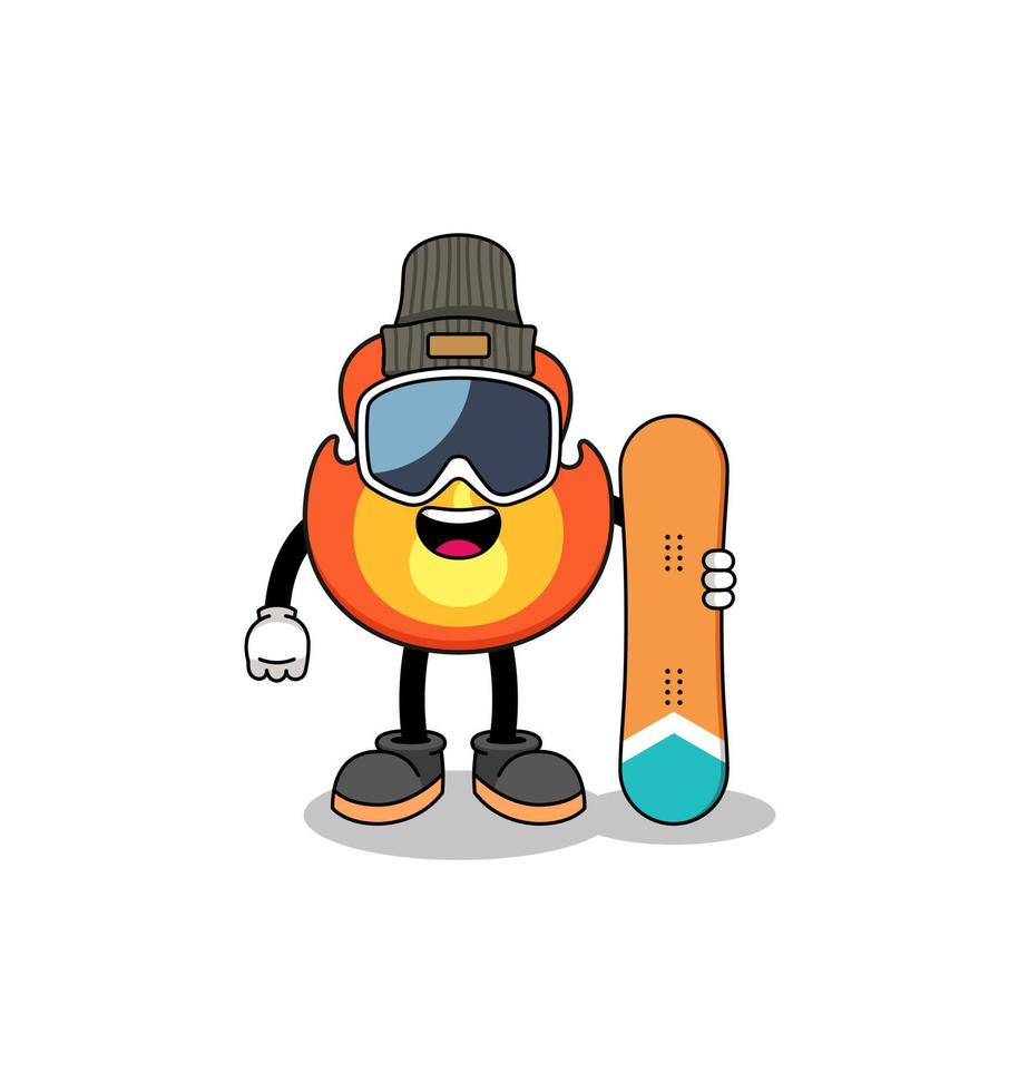 mascotte cartoon van vuur snowboard speler vector