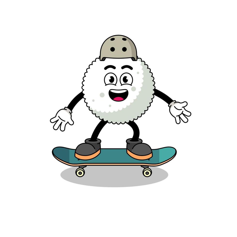 rijstbalmascotte die een skateboard speelt vector