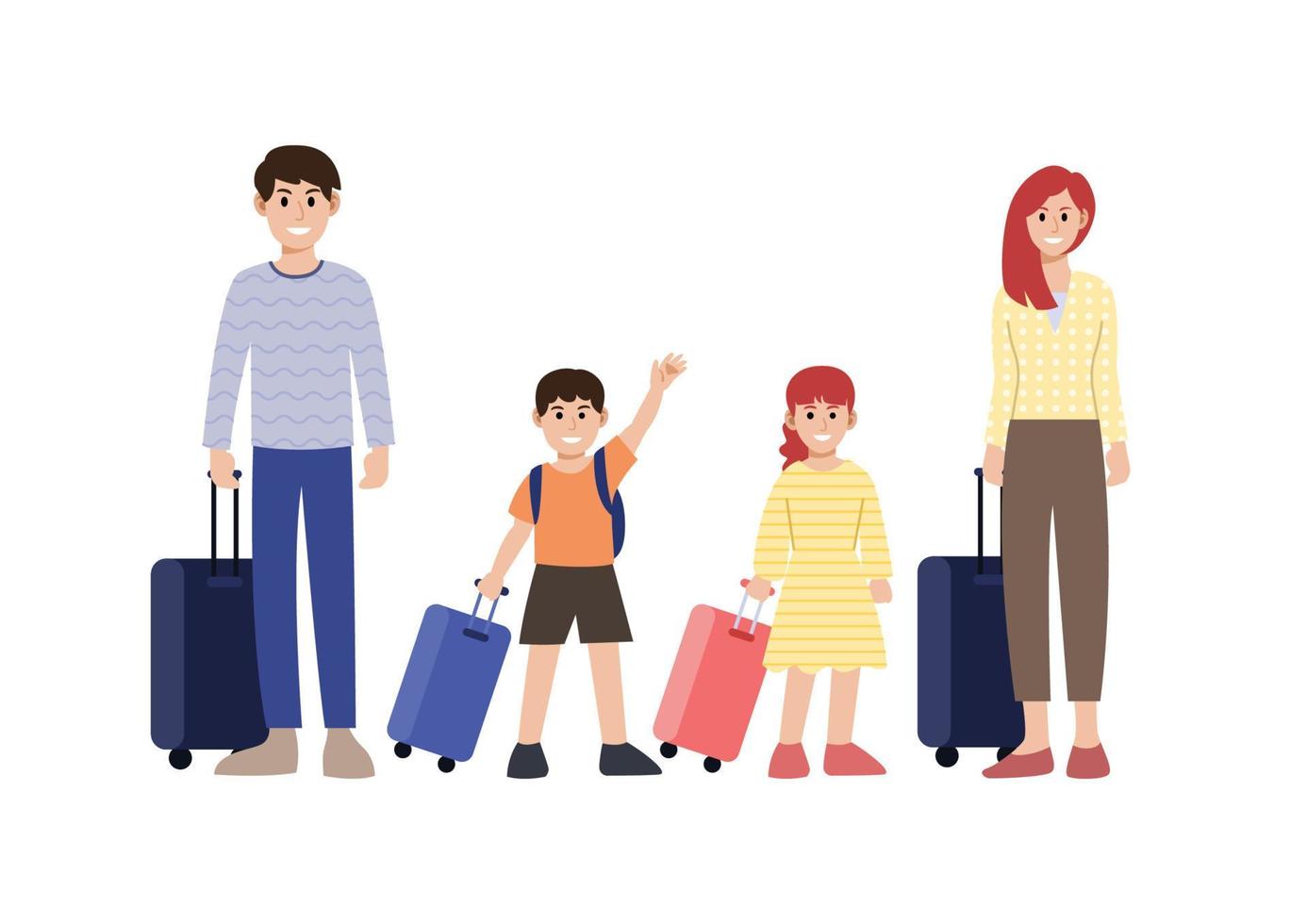 vader, moeder, zoon en dochter met koffers, familiereizen, vectorillustratie vector