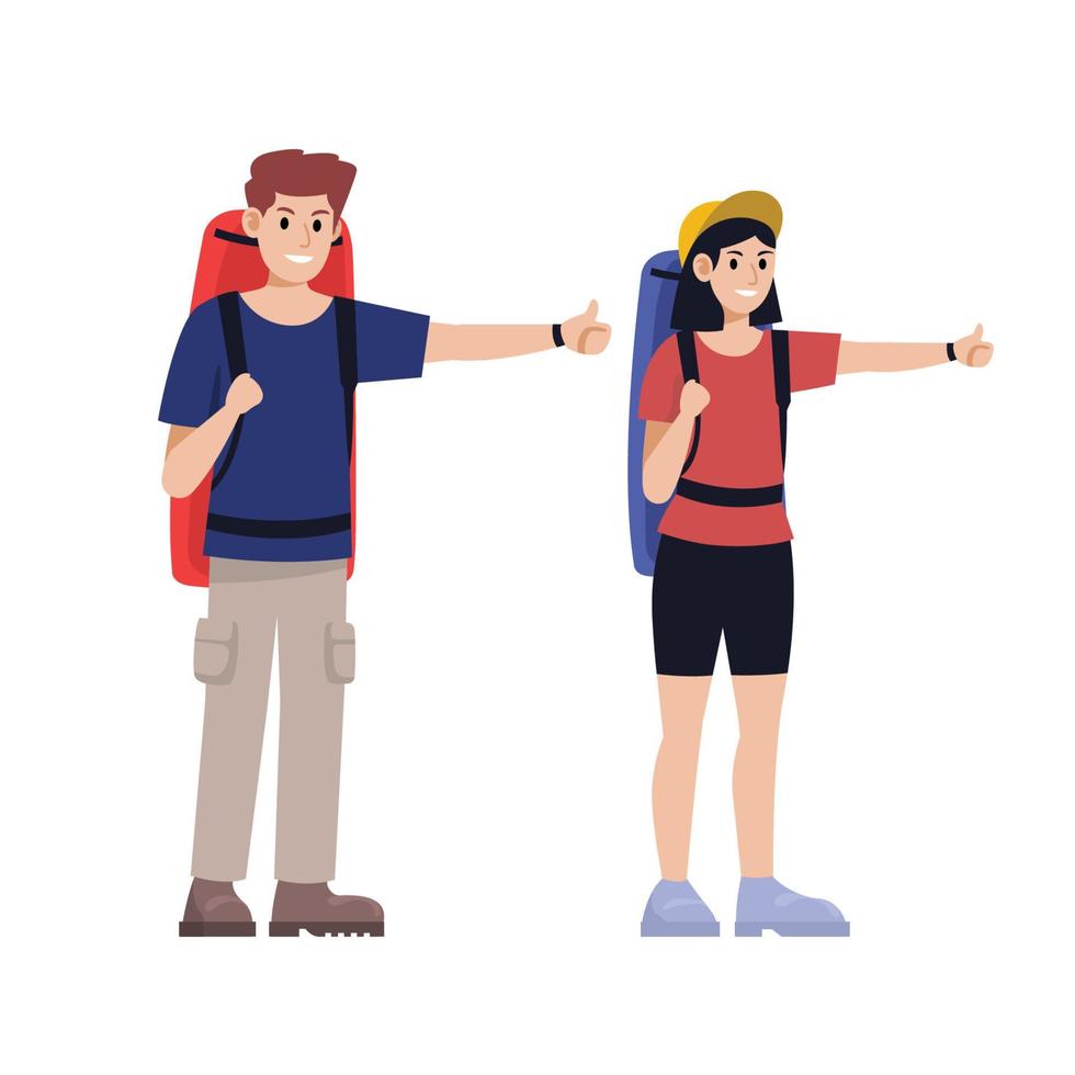 backpacker, mannelijke en vrouwelijke reiziger die een reisrugzak draagt, duimen omhoog voor liften, vectorillustratie vector