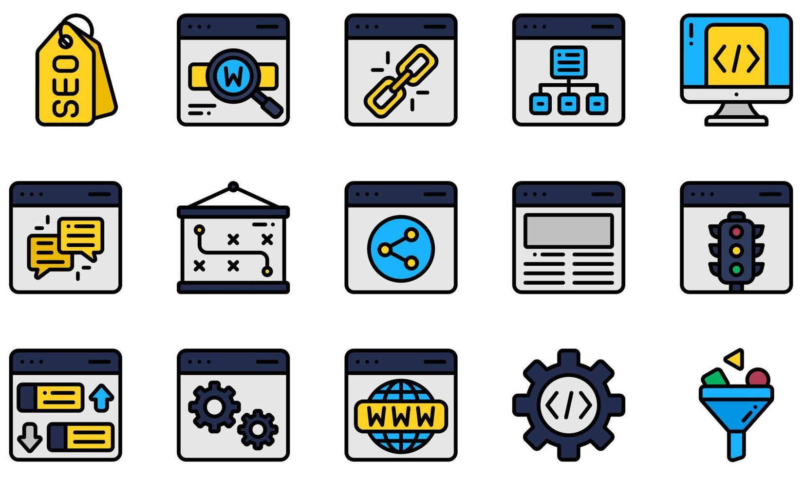 set van vector iconen gerelateerd aan seo en marketing. bevat pictogrammen zoals seo-tag, trefwoorden, sitemap, feedback, verkeer, ranking en meer.