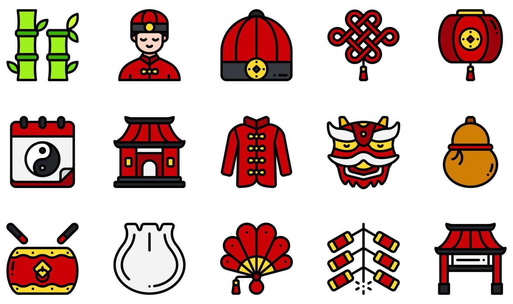 set van vector iconen gerelateerd aan chinees nieuwjaar. bevat iconen als bamboe, chinese hoed, chinese lantaarn, chinees nieuwjaar, knoedel, vuurwerk en meer.