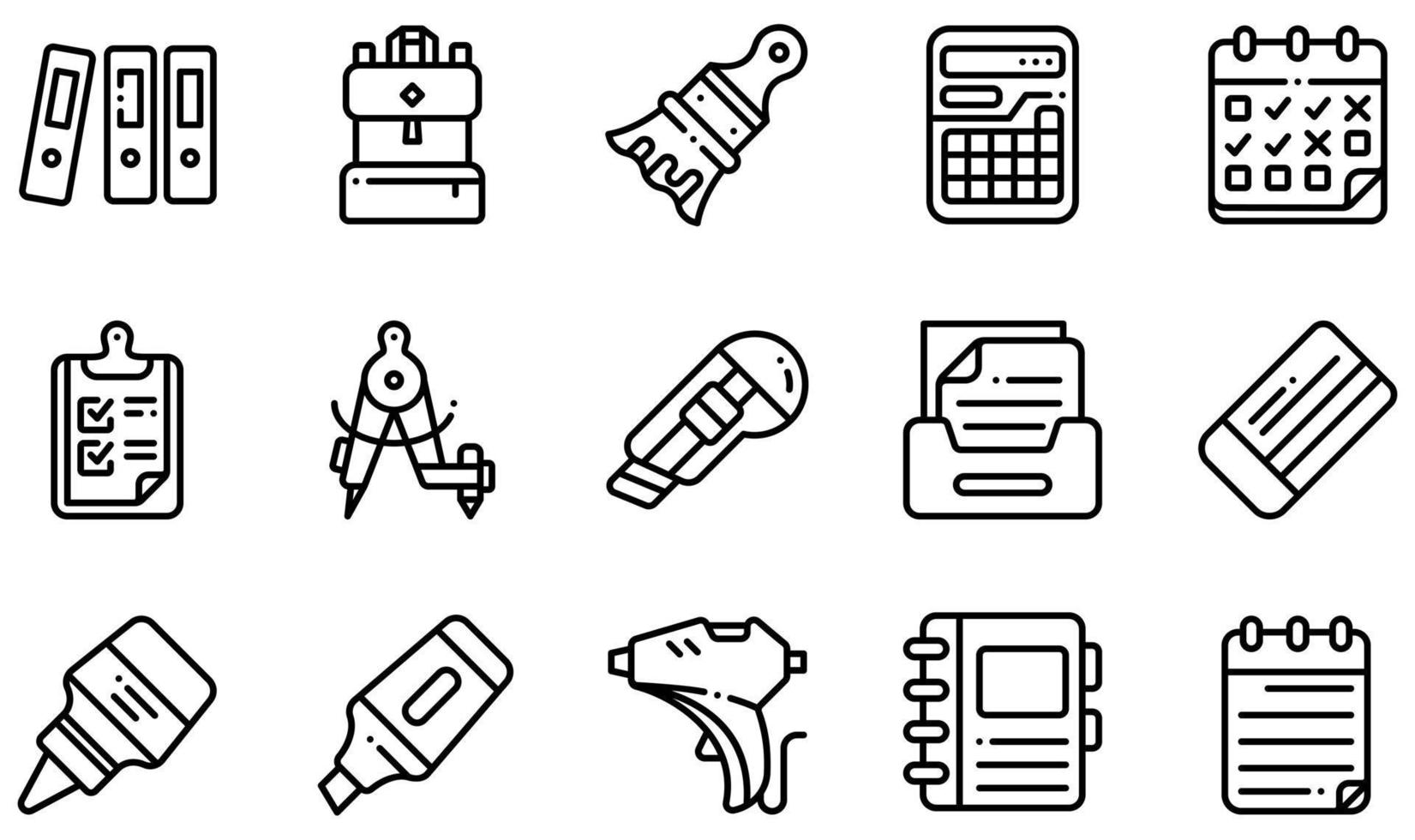 set van vector iconen met betrekking tot briefpapier. bevat pictogrammen zoals archieven, rugzak, rekenmachine, klembord, snijder, lijm en meer.