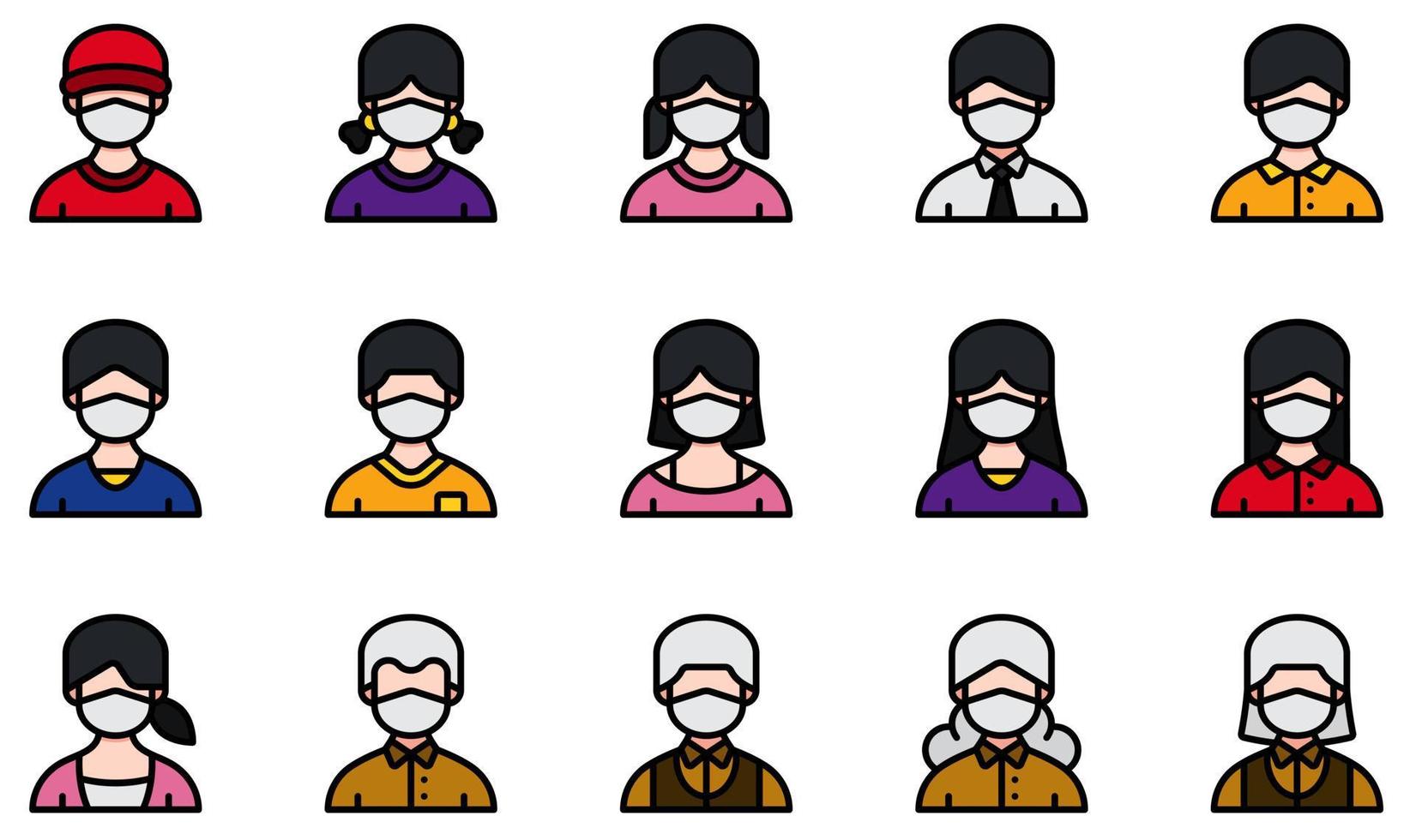 set van vector iconen gerelateerd aan avatars met medische maskers. bevat iconen als jongen, meisje, man, 4, oude man, oude vrouw en meer.