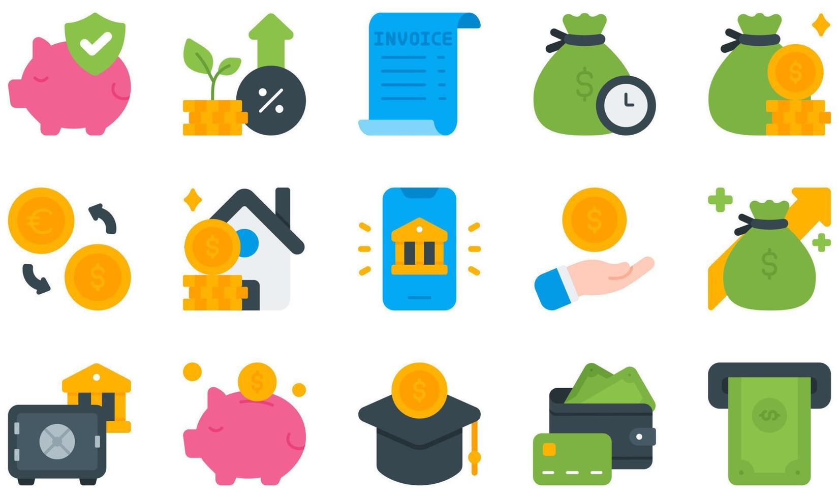 set van vector iconen met betrekking tot bankieren. bevat pictogrammen zoals verzekeringen, rente, factuur, lening, geld, sparen en meer.