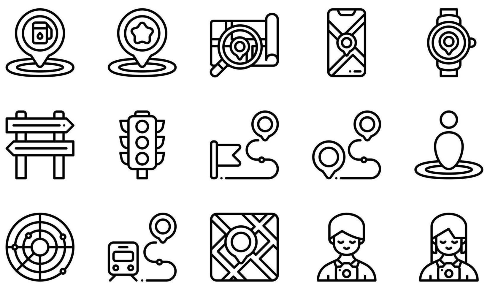 set van vector iconen met betrekking tot kaarten en navigatie. bevat pictogrammen zoals beoordeling, zoeken, telefoon, horloge, route, toerist en meer.