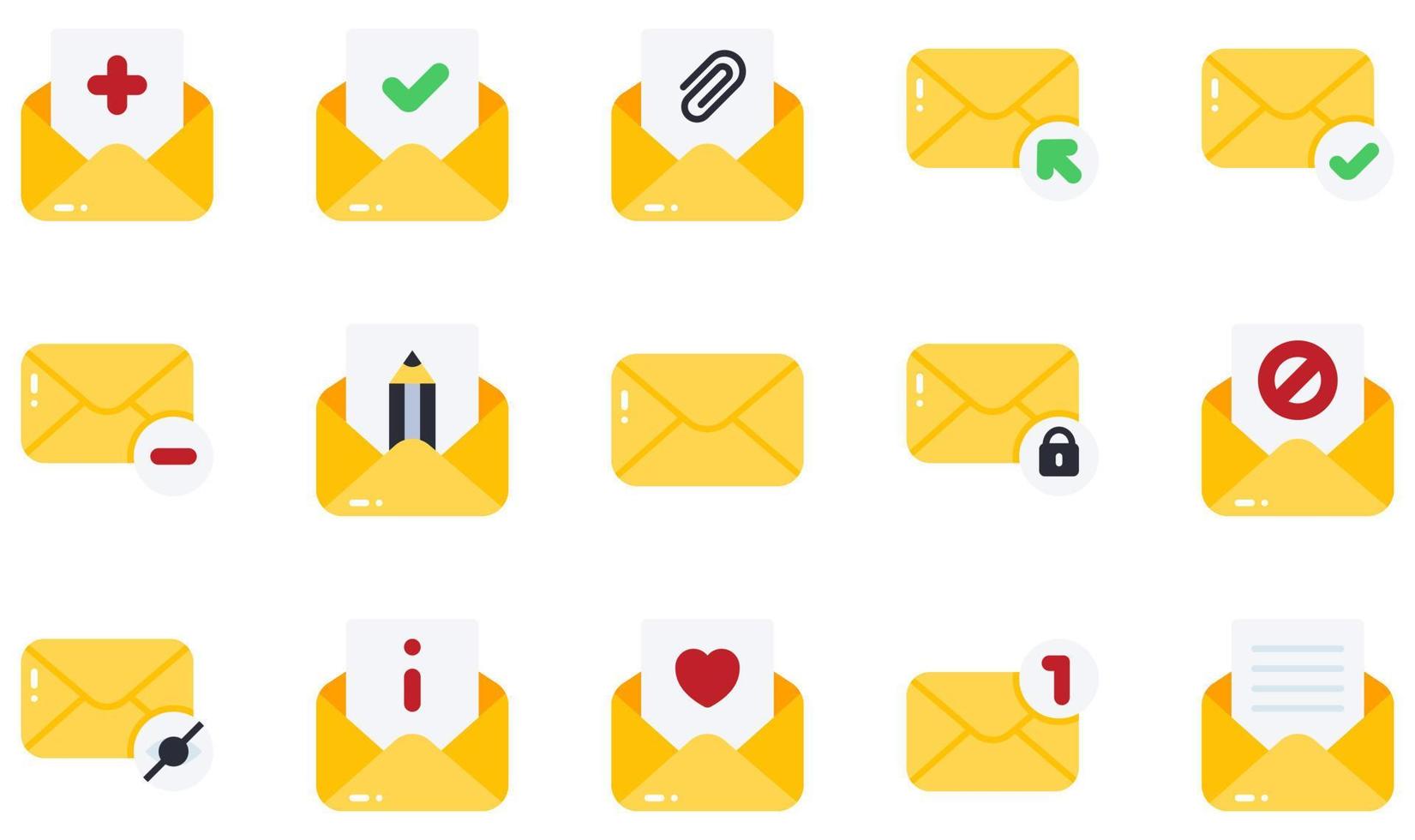 set van vector iconen met betrekking tot e-mail. bevat pictogrammen als toevoegen, goedgekeurd, arroba, klikken, voltooid, verwijderen en meer.