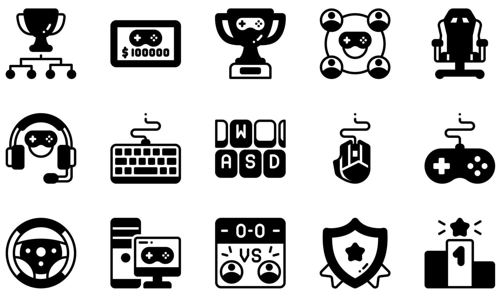 set van vector iconen gerelateerd aan esports. bevat iconen als toernooi, prijs, trofee, team, speelstoel, ranking en meer.