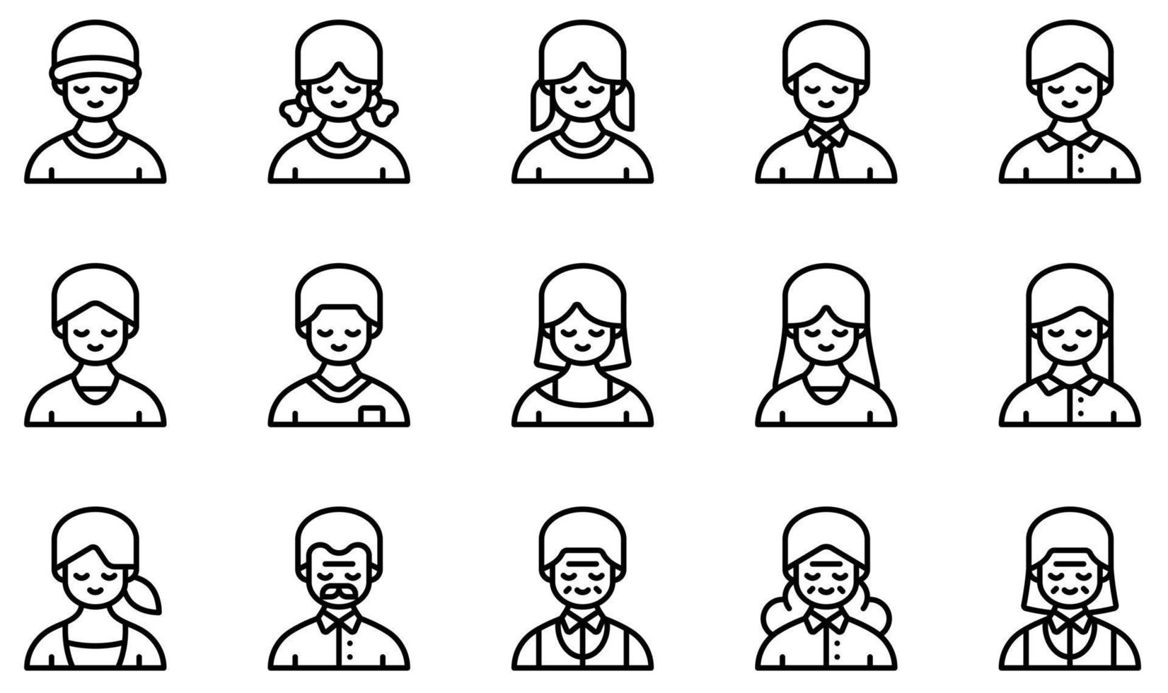 set van vector iconen gerelateerd aan avatars. bevat iconen als jongen, meisje, man, vrouw, oude man, oude vrouw en meer.