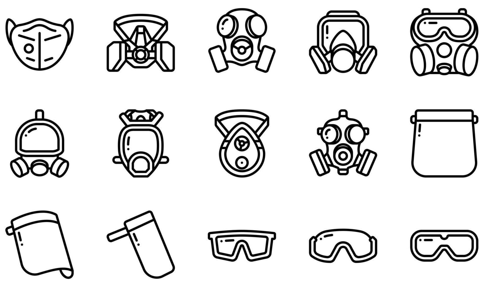 set van vector iconen gerelateerd aan beschermend gezichtsmasker. bevat pictogrammen zoals gasmasker, gasmasker, gezichtsschild, 4, veiligheidsbril, masker en meer.