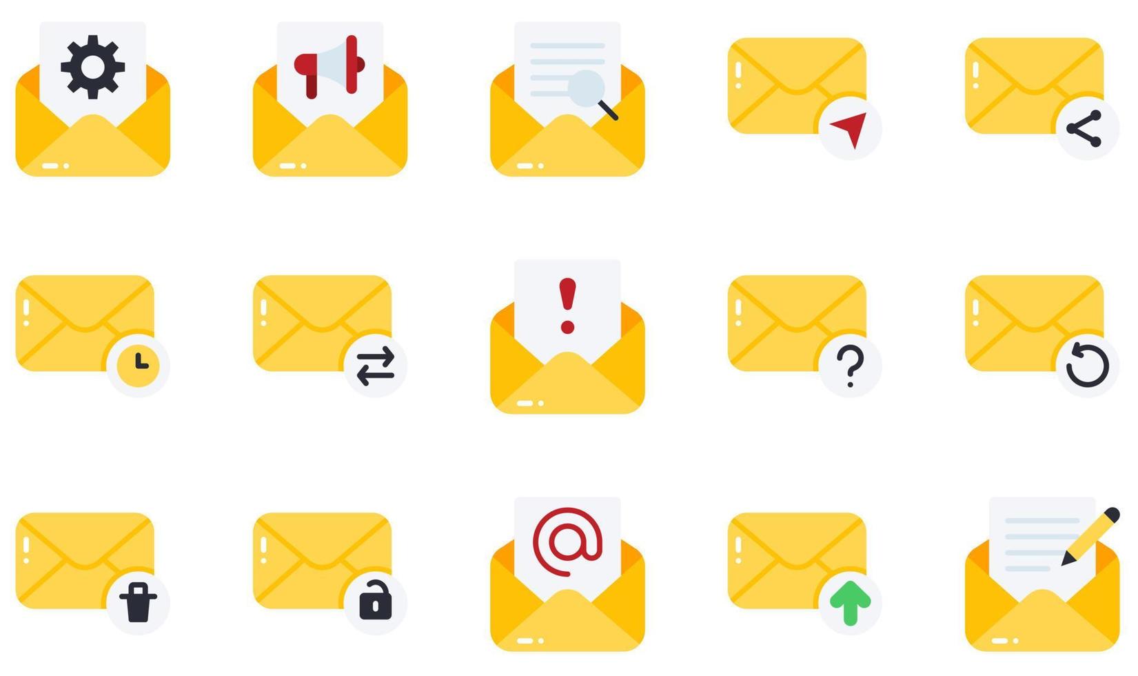 set van vector iconen met betrekking tot e-mail. bevat pictogrammen zoals open e-mail, opties, zoeken, e-mail verzenden, spam, uploaden en meer.