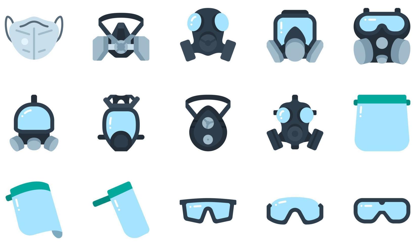 set van vector iconen gerelateerd aan beschermend gezichtsmasker. bevat pictogrammen zoals gasmasker, gasmasker, gezichtsschild, 4, veiligheidsbril, masker en meer.