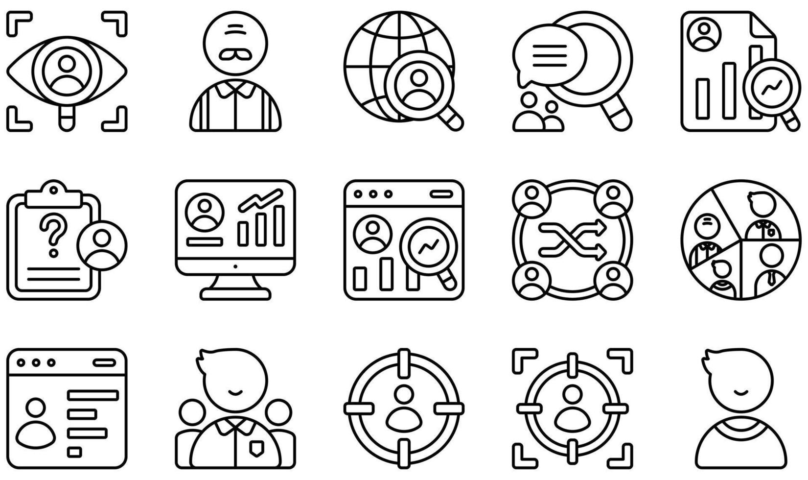 set van vector iconen met betrekking tot marktonderzoek. bevat iconen als observatie, online enquête, kwalitatief, kwantitatief, onderzoek, segmentatie en meer.