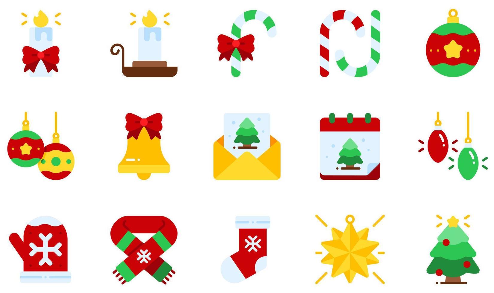 set van vector iconen gerelateerd aan kerstversiering. bevat iconen als kaars, kandelaar, zuurstok, kerstbel, kerstkaart, kerstsjaal en meer.