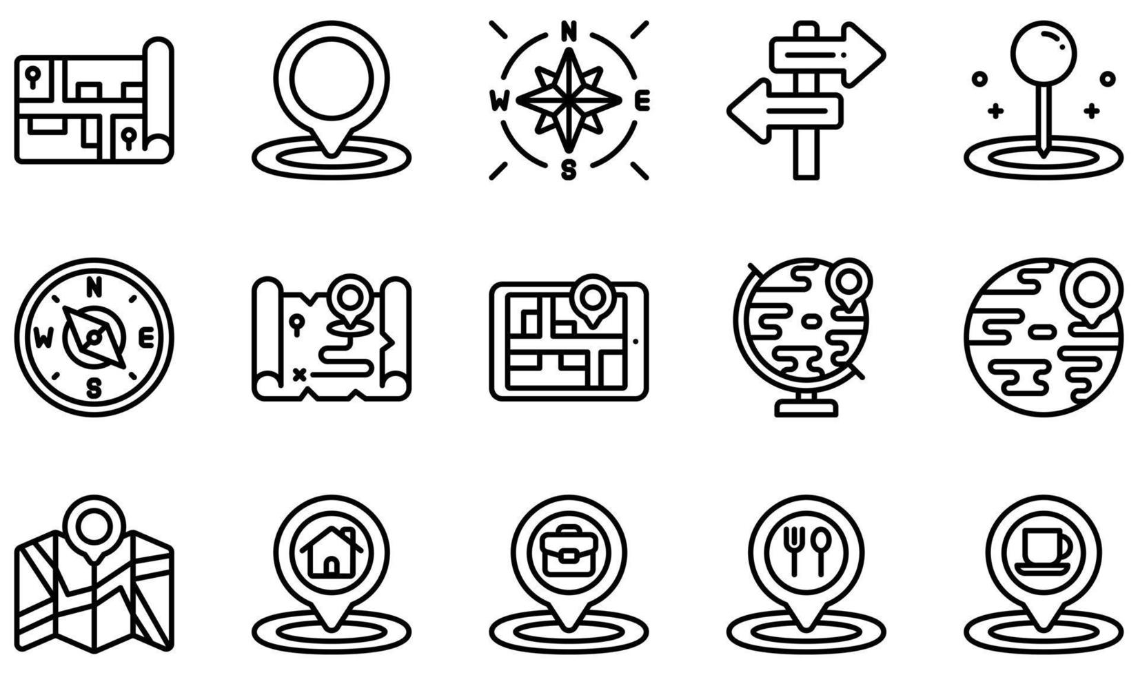 set van vector iconen met betrekking tot kaarten en navigatie. bevat pictogrammen zoals kaart, tijdelijke aanduiding, kardinaal, richting, navigatie, locatie en meer.