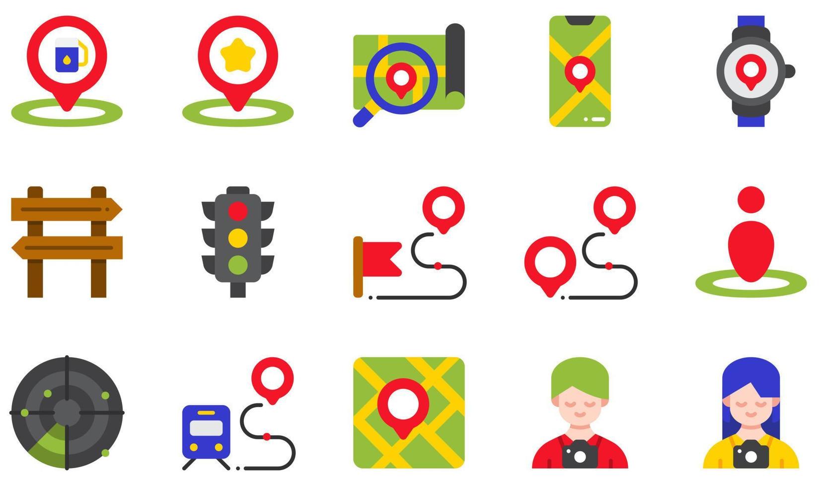 set van vector iconen met betrekking tot kaarten en navigatie. bevat pictogrammen zoals beoordeling, zoeken, telefoon, horloge, route, toerist en meer.
