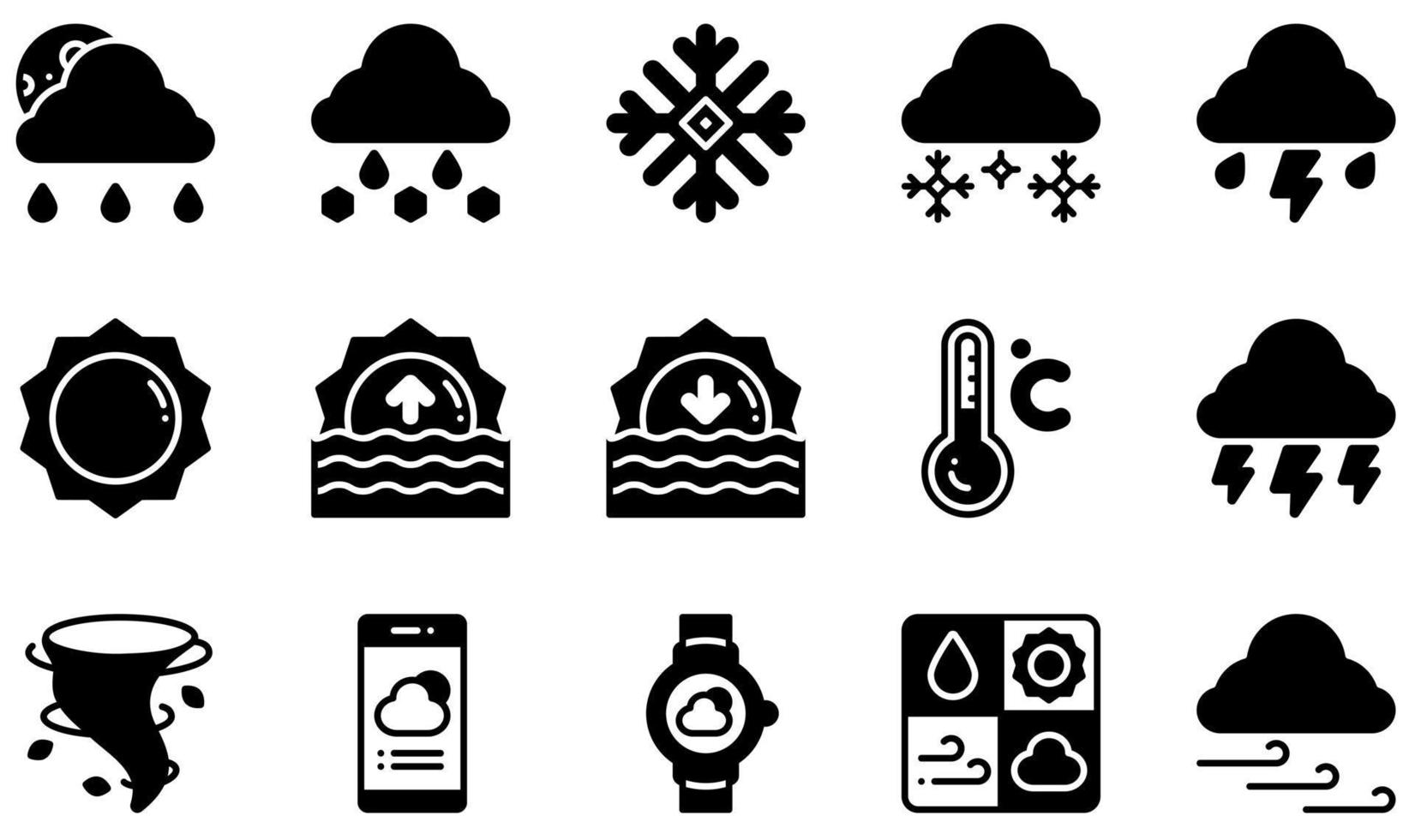 set van vector iconen met betrekking tot het weer. bevat pictogrammen als ijzel, besneeuwd, storm, zonsopgang, zonsondergang, onweer en meer.