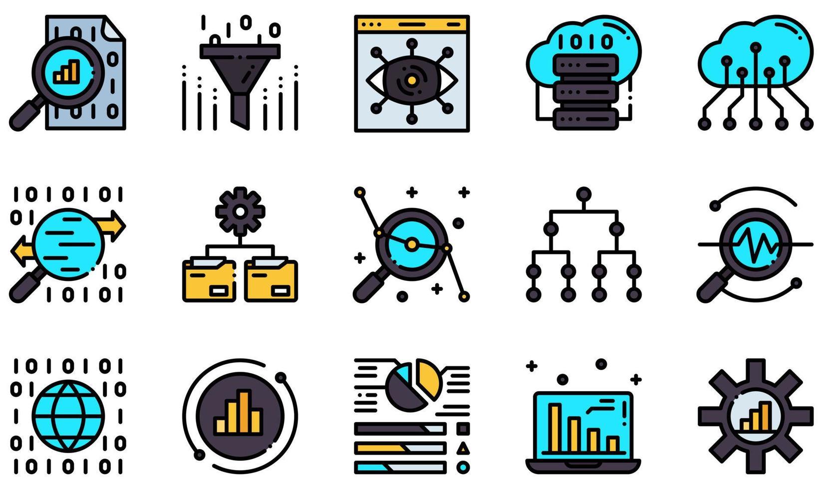 set van vector iconen met betrekking tot data-analyse. bevat iconen als datavisualisatie, big data, clouddata, verkeersanalyse, globale data, statistieken en meer.