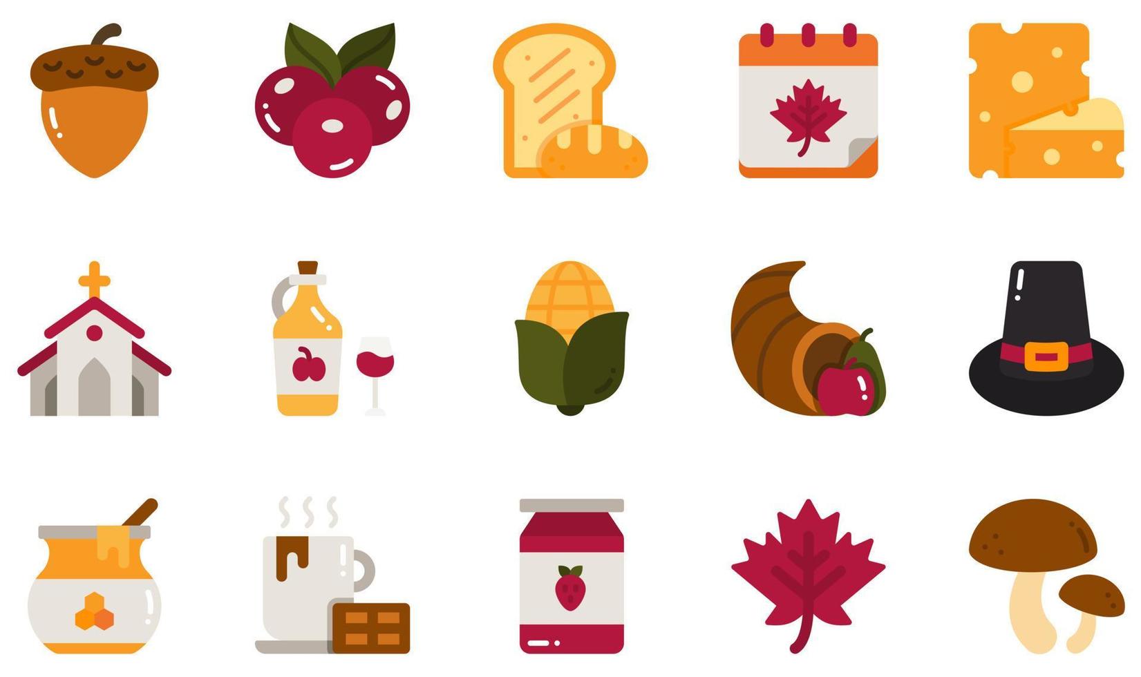 set van vector iconen met betrekking tot Thanksgiving. bevat iconen als eikel, bessen, kaas, kerk, hoorn des overvloeds, honing en meer.