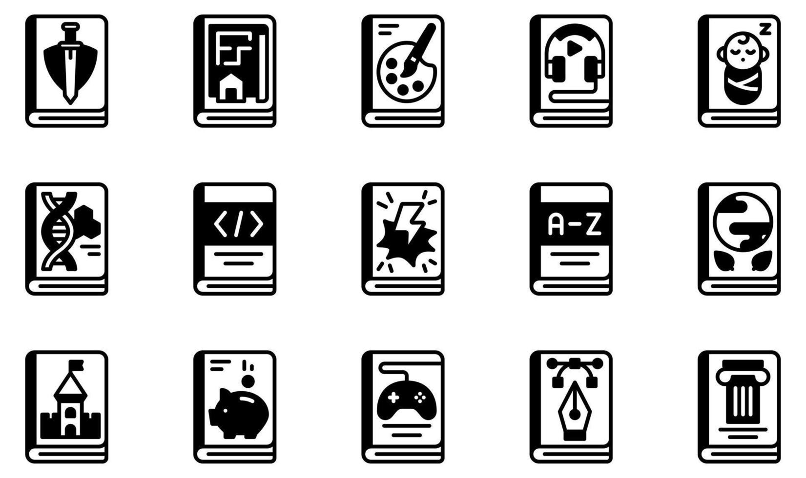 set van vector iconen met betrekking tot boeken. bevat iconen als avonturenboek, kunstboek, audioboek, babyboek, codeerboek, woordenboek en meer.