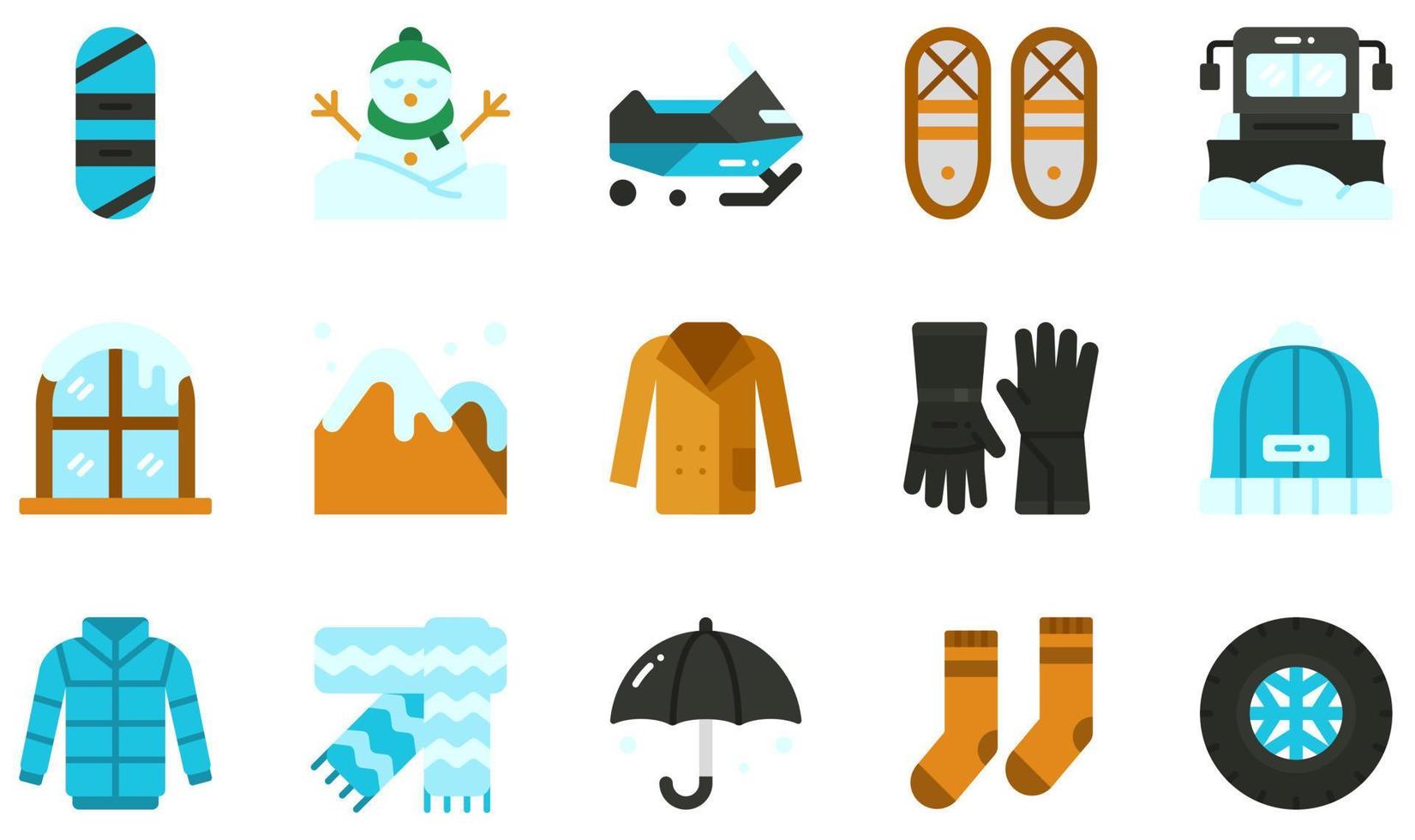 set van vector iconen gerelateerd aan de winter. bevat pictogrammen zoals snowboard, sneeuwschoenen, vrachtwagen, winter, winterhandschoenen, wintersjaal en meer.