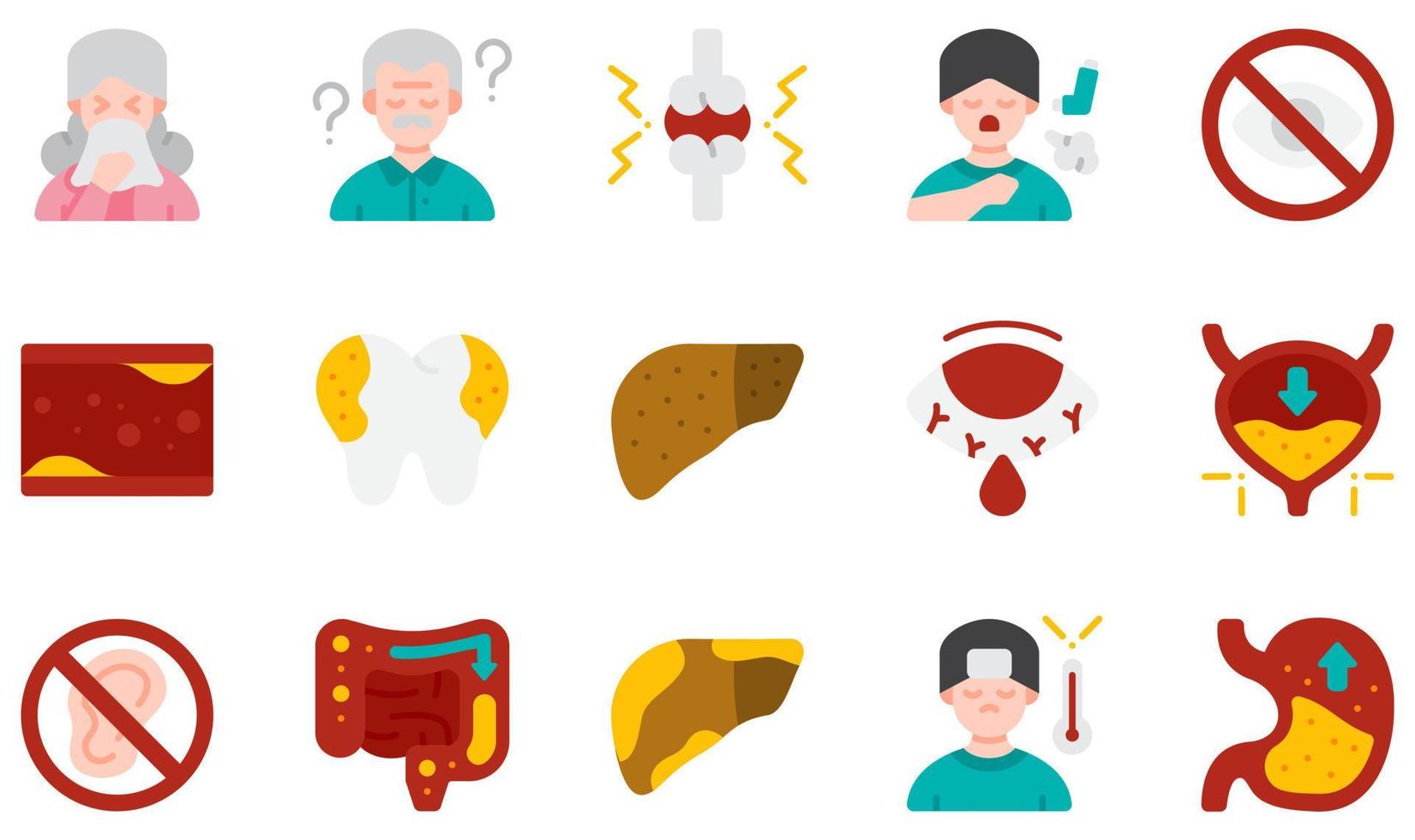 set van vector iconen gerelateerd aan ziekten. bevat iconen als allergie, alzheimer, artritis, astma, blindheid, cholesterol en meer.