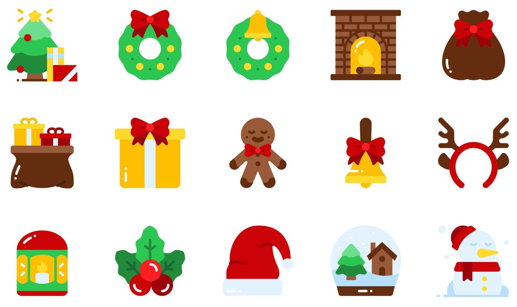 set van vector iconen gerelateerd aan kerstversiering. bevat iconen als kerstboom, kerstkrans, open haard, cadeauzakje, peperkoek, handbell en meer.