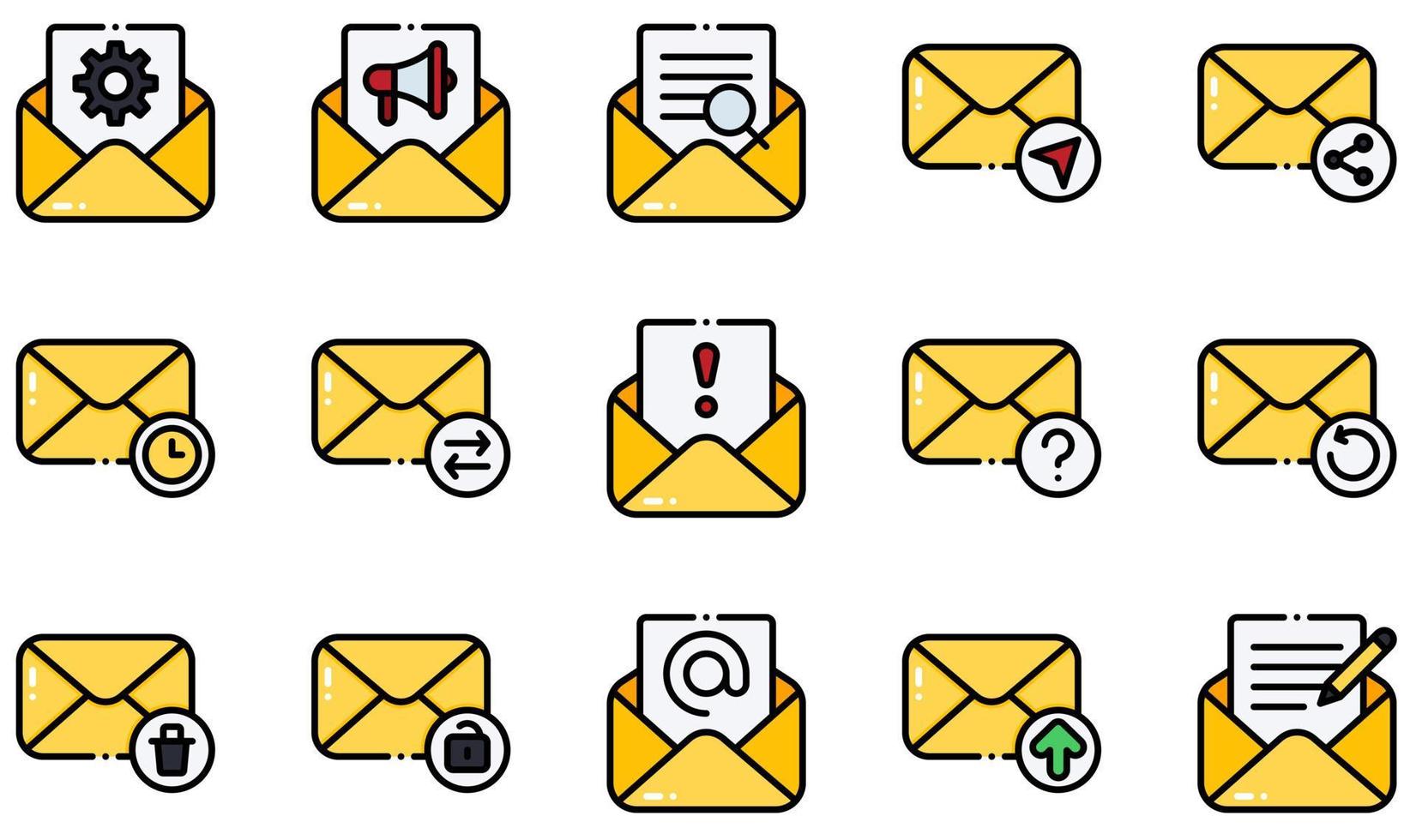 set van vector iconen met betrekking tot e-mail. bevat pictogrammen zoals open e-mail, opties, zoeken, e-mail verzenden, spam, uploaden en meer.