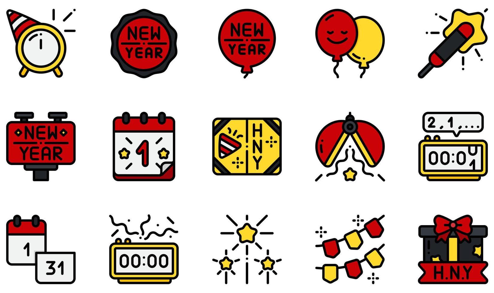 set van vector iconen gerelateerd aan het nieuwe jaar. bevat pictogrammen zoals badge, ballon, kalender, kaart, aftellen, vuurwerk en meer.