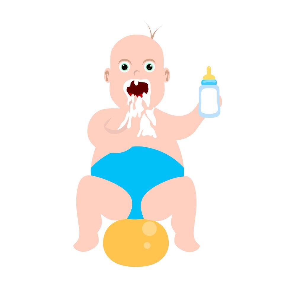 baby braakt witte melk. cartoon schattige baby die melk drinkt terwijl hij de melkfles in de hand houdt en op de ballon zit. vectorillustratie. vector