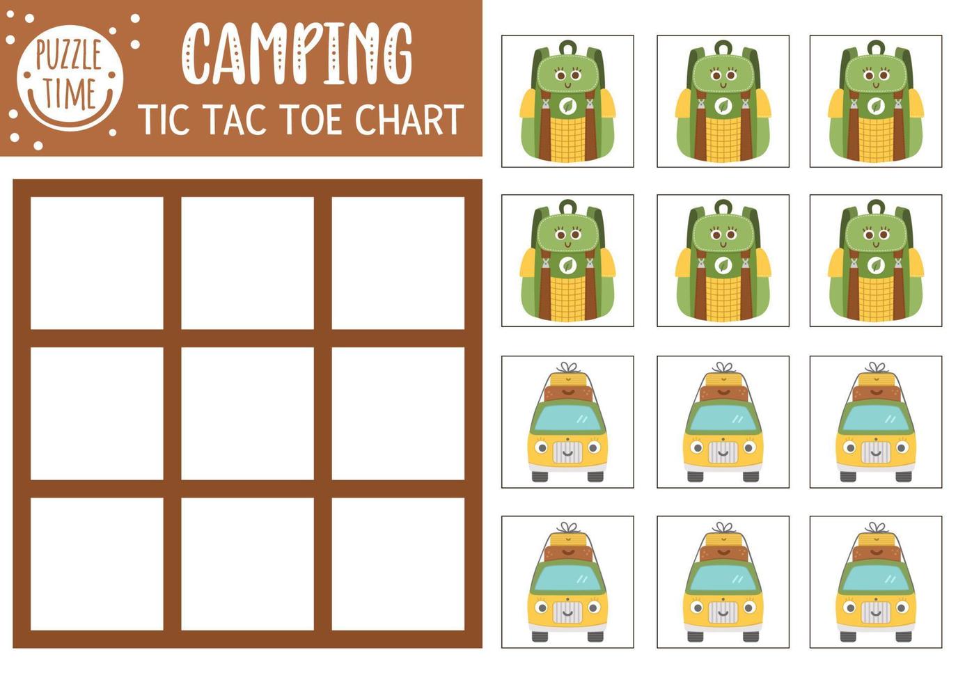 vector zomerkamp tic tac toe grafiek met schattige kampeeruitrusting. bos bordspel speelveld met kawaii rugzak, busje. grappig afdrukbaar werkblad. camping nullen en kruisen grid