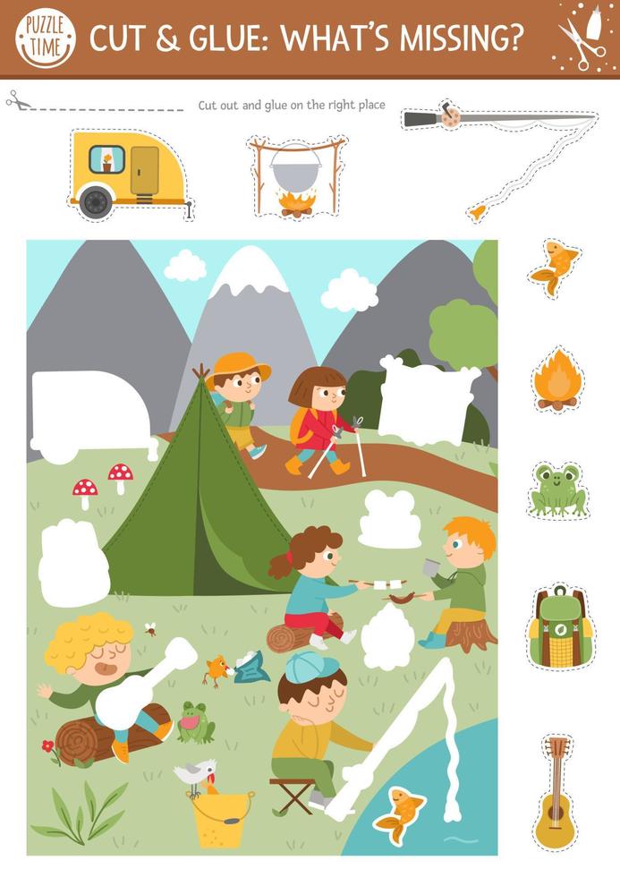 vector camping knip- en lijmactiviteit. zomerkamp educatief knutselspel met schattige scène met kinderen in het bos. leuk afdrukbaar werkblad voor kinderen. wat ontbreekt pagina. maak het plaatje compleet