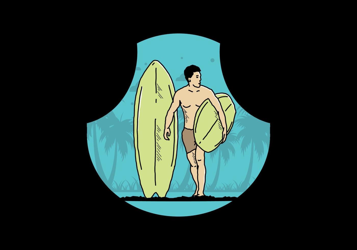 de shirtloze man met een surfplankillustratie vector