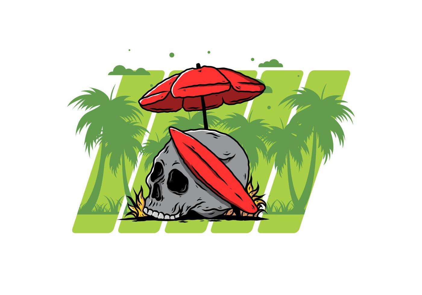 illustratie van schedel met surfplank onder parasol vector