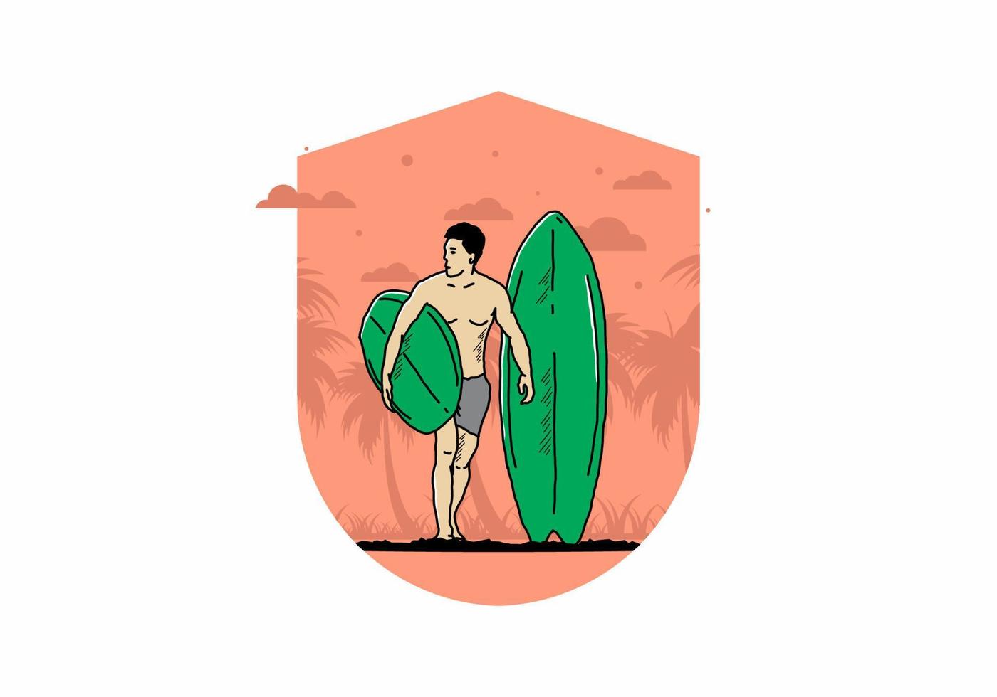 de shirtloze man met een surfplankillustratie vector