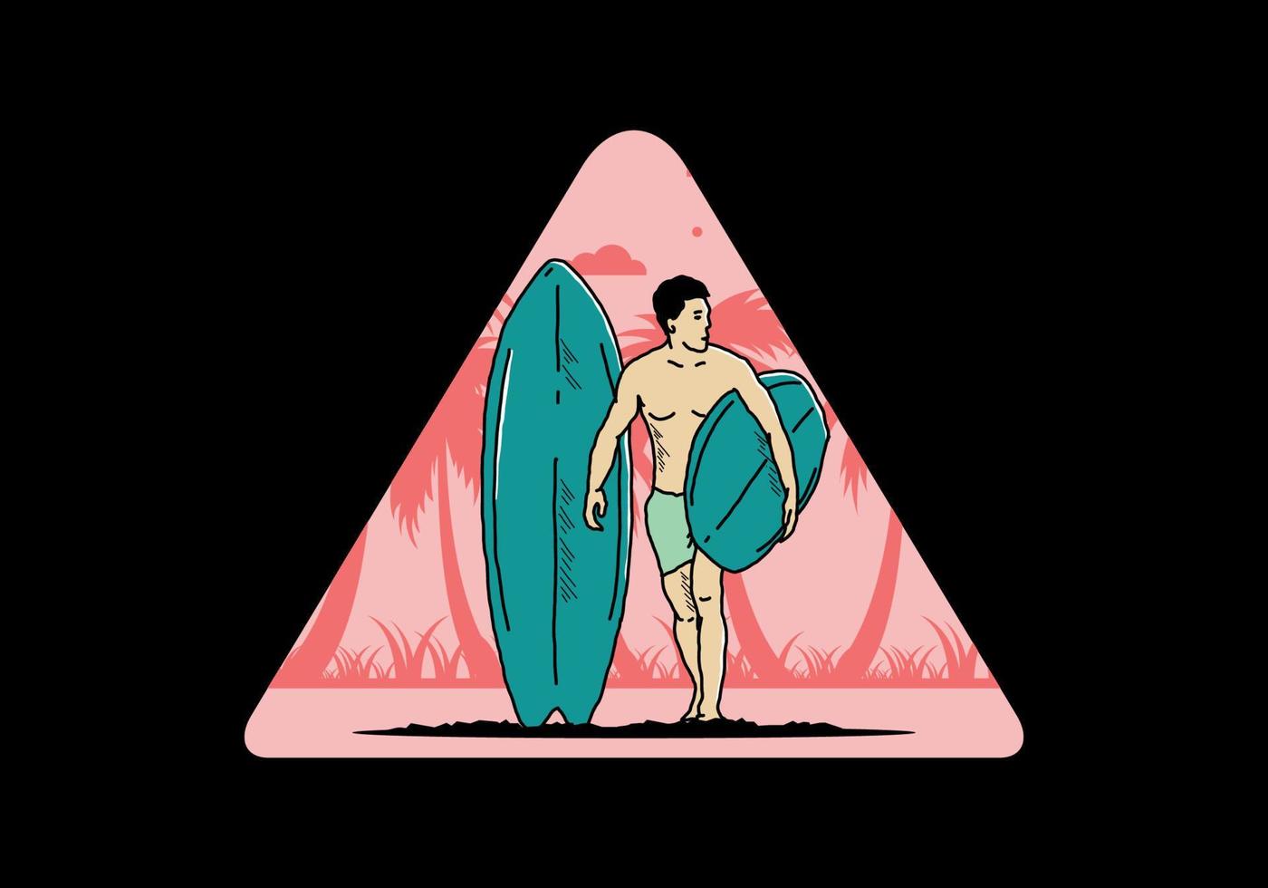 de shirtloze man met een surfplankillustratie vector