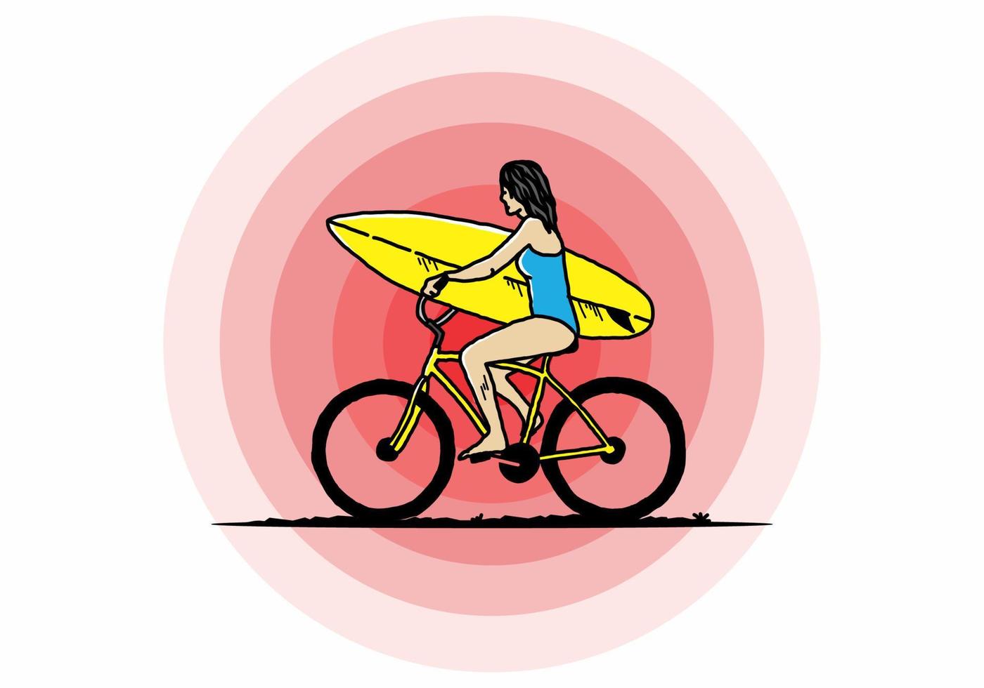 illustratie van een vrouw die gaat surfen op een fiets vector