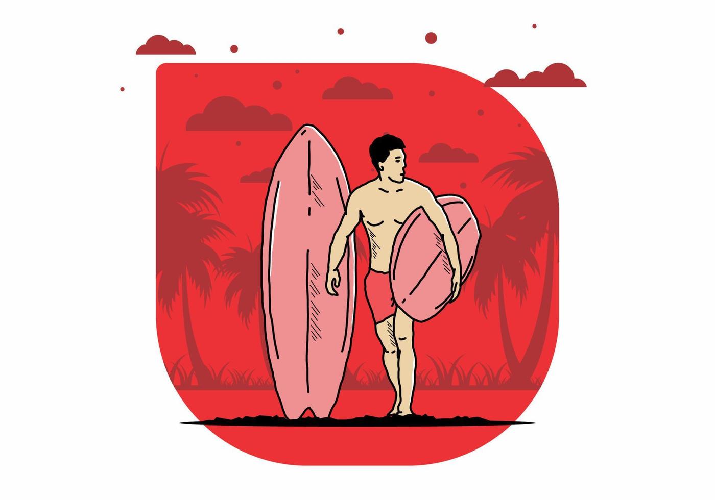 de shirtloze man met een surfplankillustratie vector